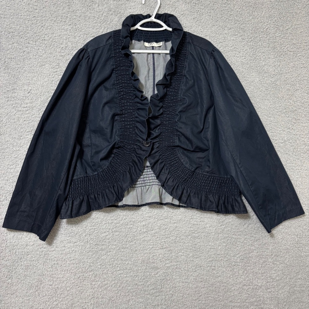 Plus Size Ruffle Front Jacket Navy Lightweight Layering Piece Women 26 28W